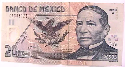 2005 Mexico 20 Peso VF+ Serie X Yellow 0000 Paper Money Banco Currency Banknote • $12