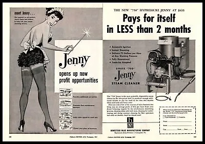 1957 Jenny 750 Steam Cleaner Busty French Maid Stockings & Heels 2-Page Print Ad • $24.95