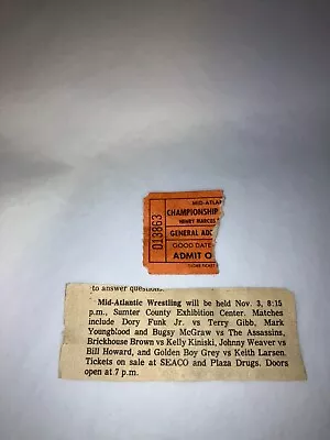 Original 1980's NWA Mid-Atlantic Wrestling Ticket Stub W/ Newspaper Clipping WWE • $29.99