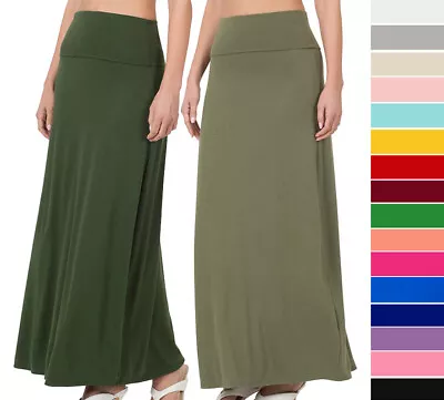 Women's Fold Waist Maxi Skirt Casual Lounge Solid Jersey Knit Relaxed Long Basic • $11.50