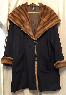 J.MENDEL Womens Black Cashmere  Brown Mink Fur Trim Shawl Collar Hood Coat L/XL • $349.99