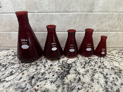 Vintage Kimax Ruby Red Glass 5 Beaker Set 500ml 250ml 125ml 125ml 50ml • $139