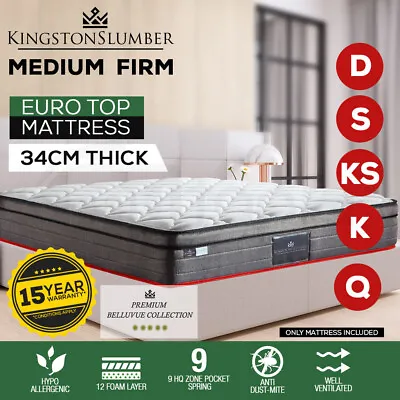 $244 • Buy QUEEN DOUBLE KING SINGLE Mattress Bed Euro Top Pocket Spring Bedding Foam 34CM