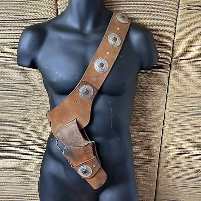 VINTAGE BROWN LEATHER BELT & PISTOL GUN HOLSTER Western Concho Cowboy • £85