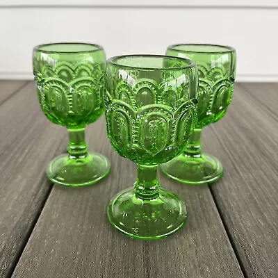 LE Smith Moon And Stars Green Glass Cordial Goblet 3.75” Vintage Set Of 3 • $14.99