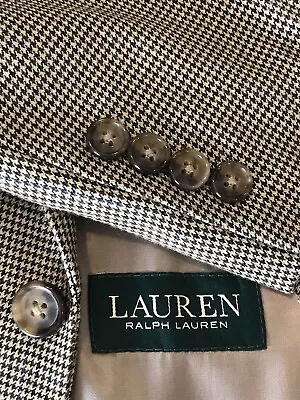 Ralph Lauren Men Blazer 46R Brown Blue Houndstooth Jacket Polyester Viscose • $69.99