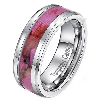 Mens Jewelry Tungsten Oak Leaf Forest Camo Ring Pink Mossy Tree Wedding Band 8mm • $15.64