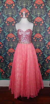 Sherri Hill Bright Pink Lace Sequin Strapless Ball Gown Prom Pageant Dress 6 • $78.74