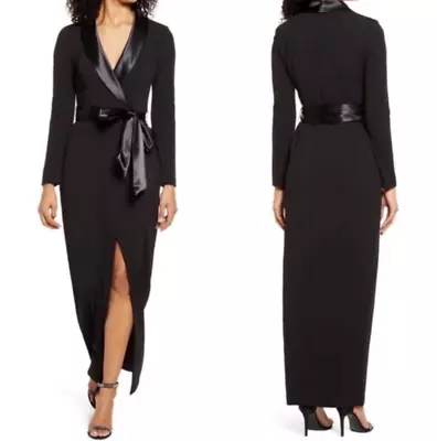 New Eliza J Tuxedo Wrap Maxi Gown Women's Satin Collar Long Sleeve Black Size 16 • $96.50
