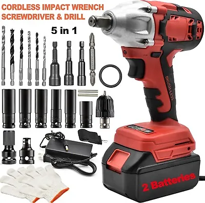 Cordless Impact Wrench 1/2  High Torque Brushless 20V Drill Driver Tool+2Battery • $65.98