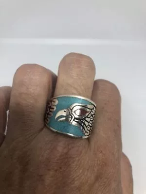 1980's Vintage Silver White Bronze Size 10 Men's Hawk Turquoise Inlay Ring • $44