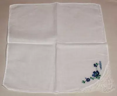 Lady's Vintage Handkerchief Embroidered Blue Flowers & Lace Corner • $2.99