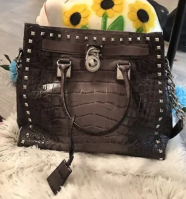 MICHAEL KORS Hamilton Crocodile Embossed Leather Tote In Gray Chain Strap • $95