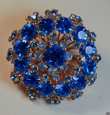 Vintage Austria Round Three Tiered Blue Brooch Gold Tone READ • $35