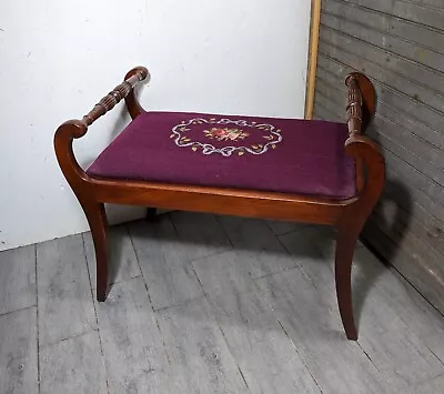 Vintage Victorian Floral Needlepoint Mahogany Wood Vanity Piano Bench Stool • $270