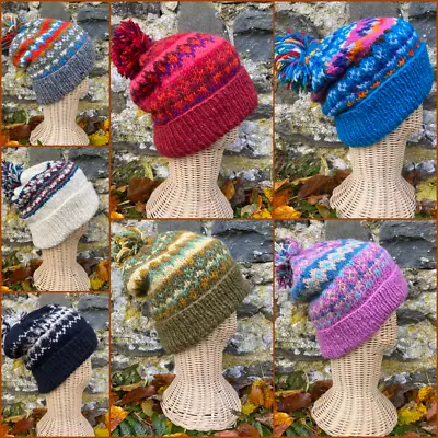 Hand Knitted Winter Wool Fleece Lined Pom Pom Beanie Hat - Unisex Nomads Wales • £21.95