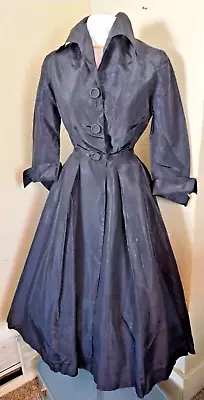 Rare Vintage 50s Vamp Glossy Silk Taffeta Winged Collar Hostess Dress - Sz. S • $148