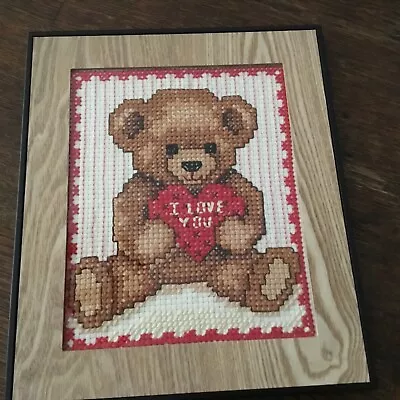 Finished Cross Stitch Kit Framed Medium Bear Love Heart I Love You • £8