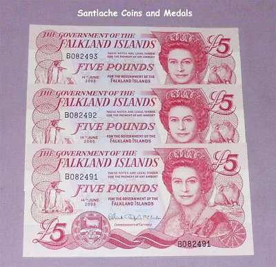2003 FALKLAND ISLANDS £5 BANKNOTE X 3 CONSECUTIVE NUMBERS - 2nd ISSUE CRISP UNC • £65