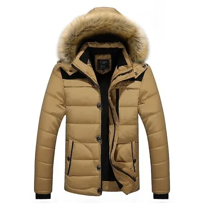 Mens Cotton Coat Fur Collar Hooded Casual Large Size Velvet Thickened Jacket New • $80.07