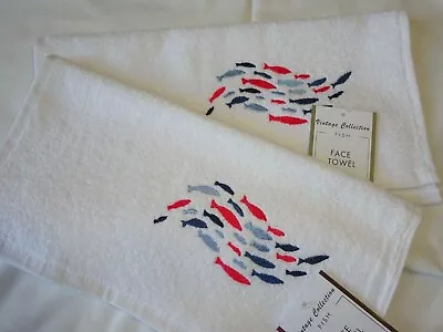 Bath Hand Face Towels.  White With Lovely Embroidered Design  Nautical Fish • £4.99