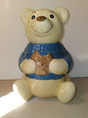 Vintage Teddy Bear Cookie Jar Metlox California USA Eating Cookie Blue Sweater • $35