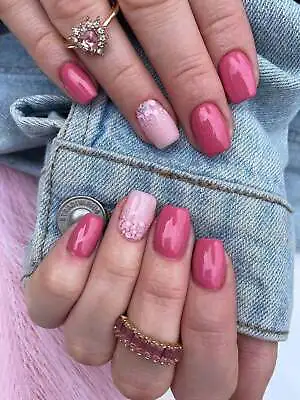 24pcs Short Square Pink Sequins Decor Fake Nail False Nails Press On Nails Glue • $6.32