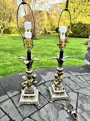 Mid Century Modern Hollywood Regency Brass & Marble Cherub Table Lamp 30” ~2 Pc • $299