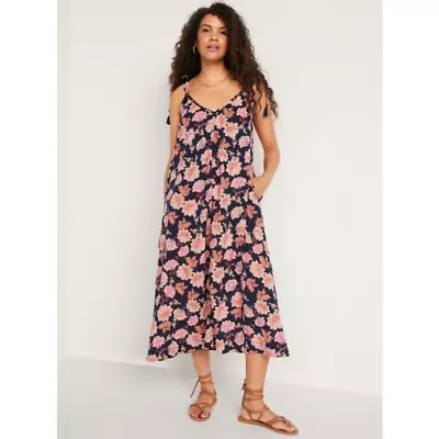 Old Navy Floral Maxi Cami Swing Dress Womens XL Navy Blue Pink Tasseled Boho • $18.98