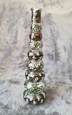 Cottagecore Bubblestack Glass Vase Hand Painted Stylised Flowers 27cm Tall • £8.50