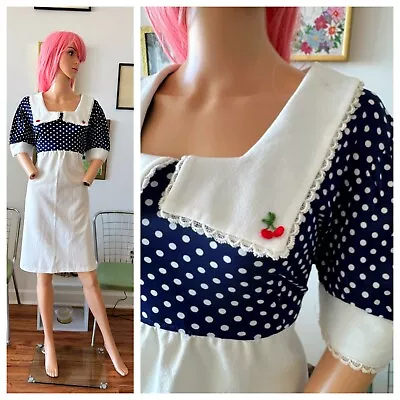 Vtg 70s Romantic Dolly Lolita Polka Dot Mini Cherries Tie Back Swing Dress L XL • $69