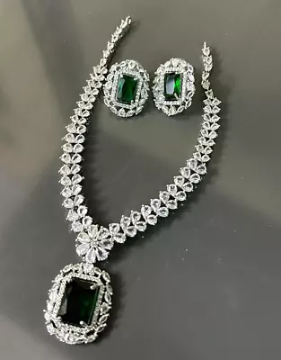 Indian Bollywood Silver Plated Ethnic AD CZ Jewelry Earrings Necklace Bridal Set • $25.51