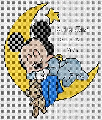 £4.70 • Buy Cross Stitch Chart New Baby Birth Sampler Mickey Mouse & The Moon FlowerPower37