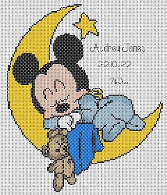 Cross Stitch Chart New Baby Birth Sampler Mickey Mouse & The Moon FlowerPower37 • £4.80