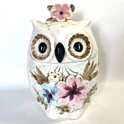 Vintage Napco Owl Cookie Jar Canister C-7808 White Retro Flowers MCM Granny Core • $99.50