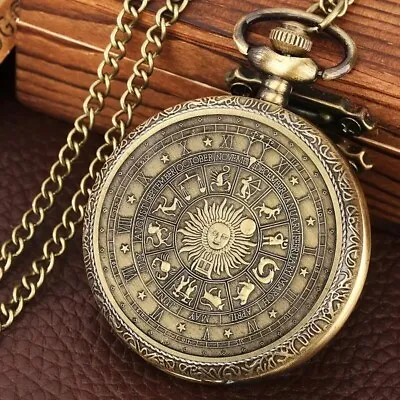 Vintage Bronze Memorial Pocket Watch Quartz Lucky Horoscope Sun Necklace Gift • $24.98