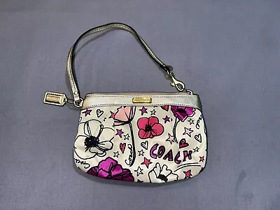 Coach Poppy Floral Graffiti Gold Tone Leather Trim Zip Sateen Wristlet New • $35