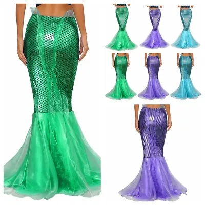 US Women's Mermaid Maxi Skirts Costume Fish Scale Print Tulle Skirts Clubwear • $22.99