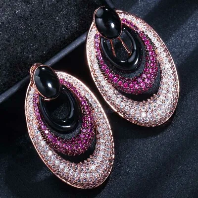 Micro Paved Rose Gold CZ Big Round Bohemian Dangle Hoop Earrings Fashion Jewelry • $13.26