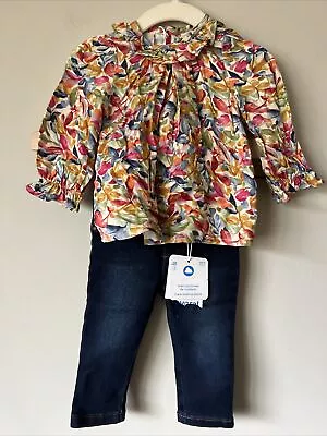 Mayoral Baby Girl Outfit Set Size 6M Blue Jeans And Printed Blouse Cute Adorable • $29.99