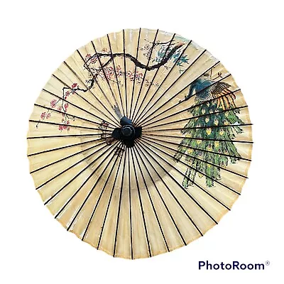 Vintage Handpainted Asian Bamboo And Paper Umbrella Parasol Peacock Floral 41” D • $41.99