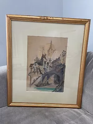 Vintage 1948 Signed Miller Ink & Watercolor Drawing Canal Boats & Buildings • $325