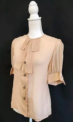 Moda International Blush Rose 100% Silk Vintage Style Bow Neck Sleeve Blouse S • $22.99