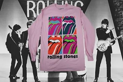 The Rolling Stones Mens 4 Tongues Tongue Logo Long Sleeve Pink Shirt New S • $9.99