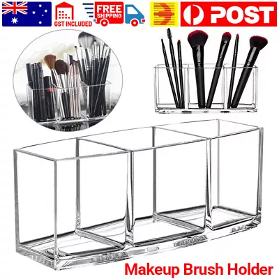 $13.85 • Buy 3 Slot Makeup Brush Holder Organizer Clear Cosmetic Brushes Acrylic Storage Case