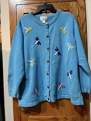 Quacker Factory Dragonfly Button Up Sweater - 1X - Blue - Preowned • $19