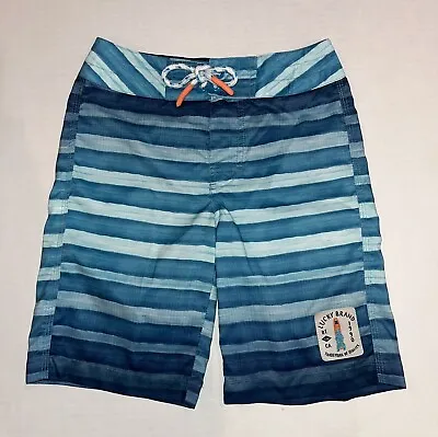 Lucky Brand Board Shorts Boys Sz 8 Blue White Stripe Swim Trunks Style #RN130323 • £10.20