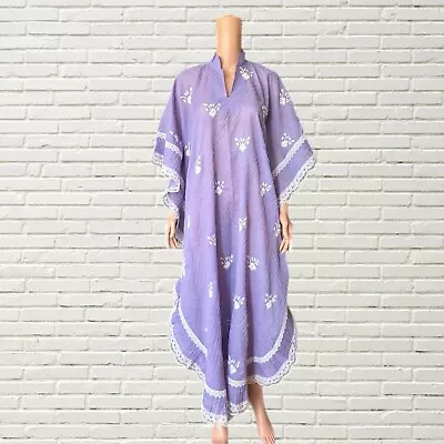 Vintage 70s Kaftan Maxi Dress Lavender Purple Cotton Gauze White Lace O/s • $90