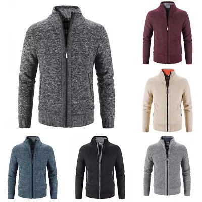 Mens Fleece Lined Cable Knitted Zip Up Cardigan Warm Winter Jumper Outerwear UK • £17.99