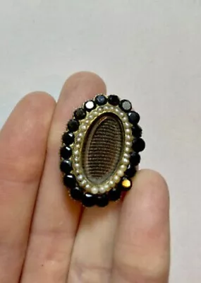 1800s Antique Victorian Gold Seed Pearl ONYX JET HAIR MOURNING BROOCH PIN • $279